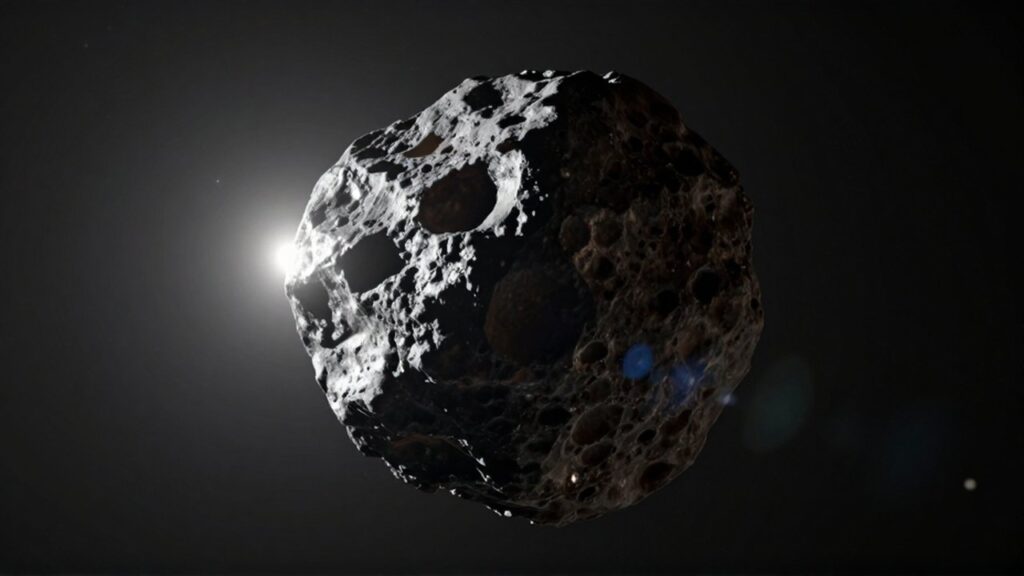 Asteroide irregular con superficie rocosa y craterizada que flota en un espacio profundo y estrellado.