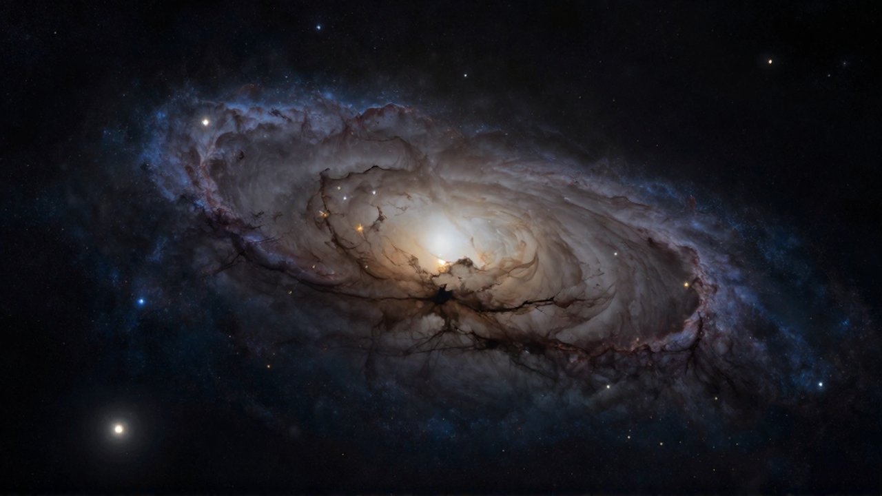 Nubes de polvo interestelar oscuro y denso bloquean la luz de un brillante núcleo galáctico.