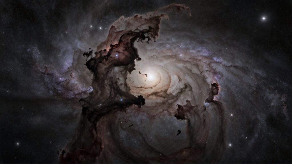 Nubes de polvo cósmico oscuro en primer plano ocultan parcialmente el brillo de una galaxia espiral lejana.