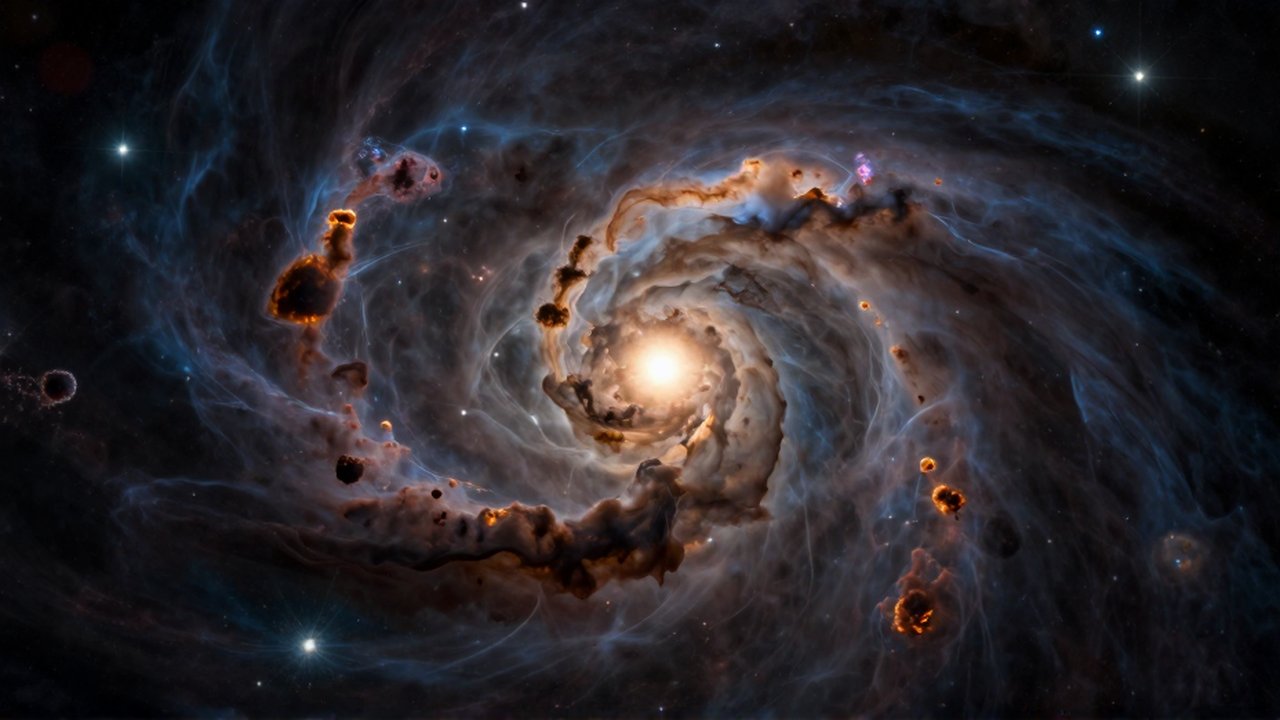 Nube molecular de gas y polvo girando en espiral hacia una protuberancia luminosa central.