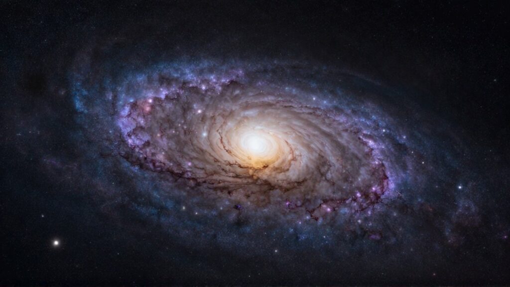Vista panorámica de la galaxia Vía Láctea con sus brazos espirales y un núcleo brillante sobre el espacio profundo.