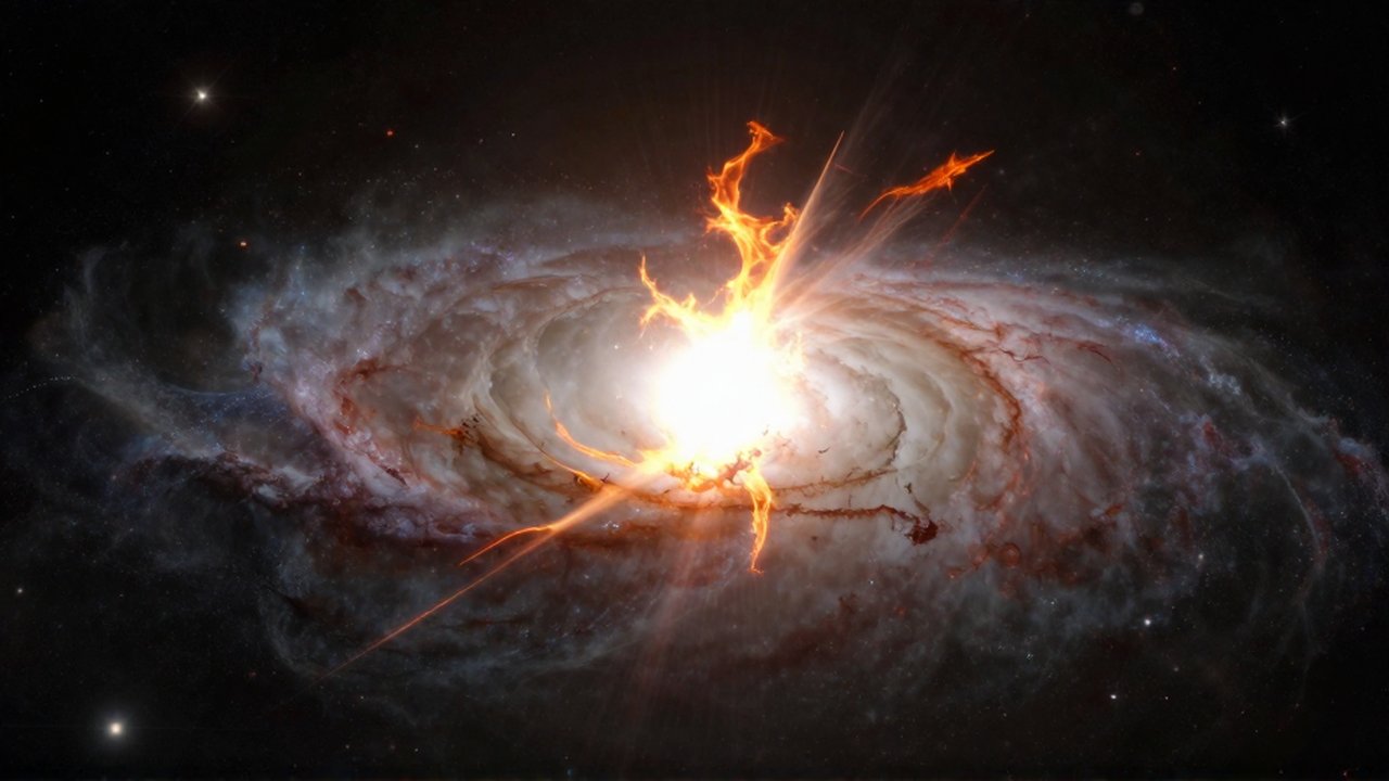 Un agujero negro supermasivo en el centro de una galaxia expulsa intensos chorros de gas incandescente.