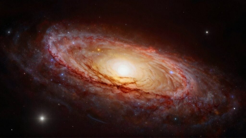 Vasta galaxia elíptica con un núcleo denso de estrellas amarillentas sobre un fondo espacial oscuro.