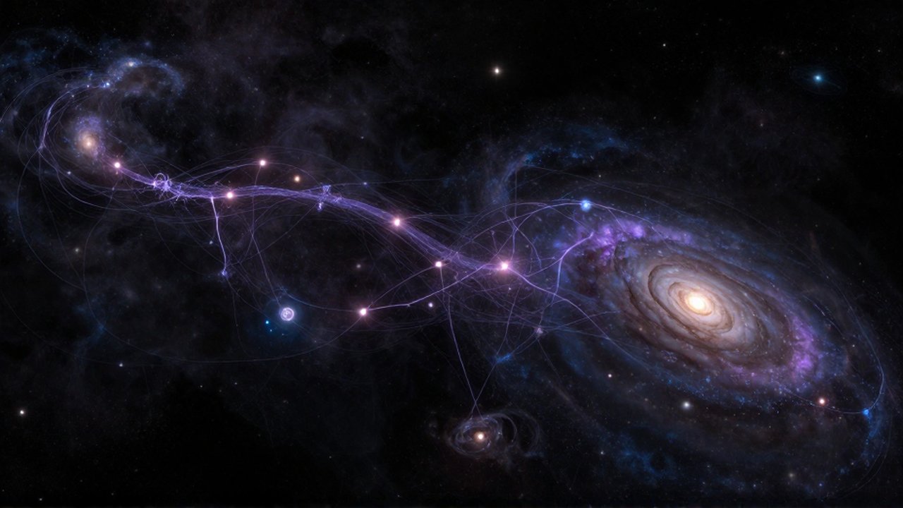Red de filamentos luminosos y galaxias brillantes interconectadas que atraviesan la inmensidad del espacio profundo.