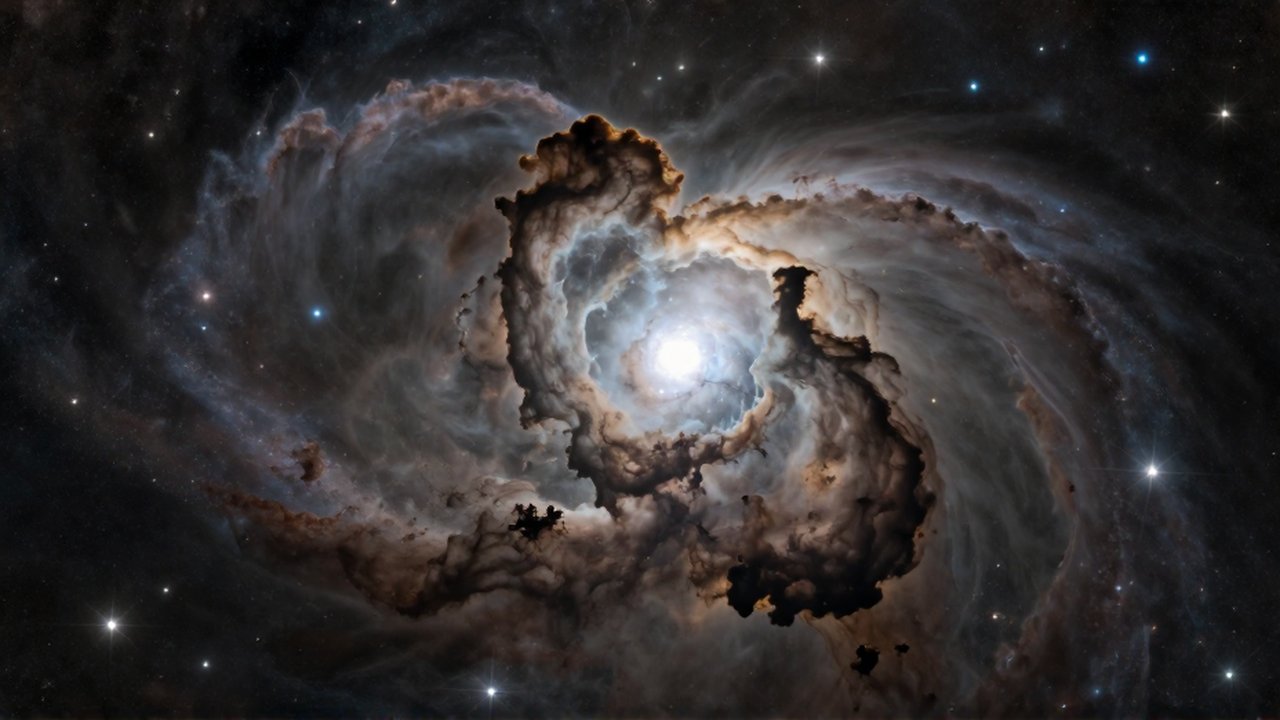 Una densa nebulosa oscura de textura granular bloquea el brillo de un cúmulo estelar radiante en el espacio profundo.