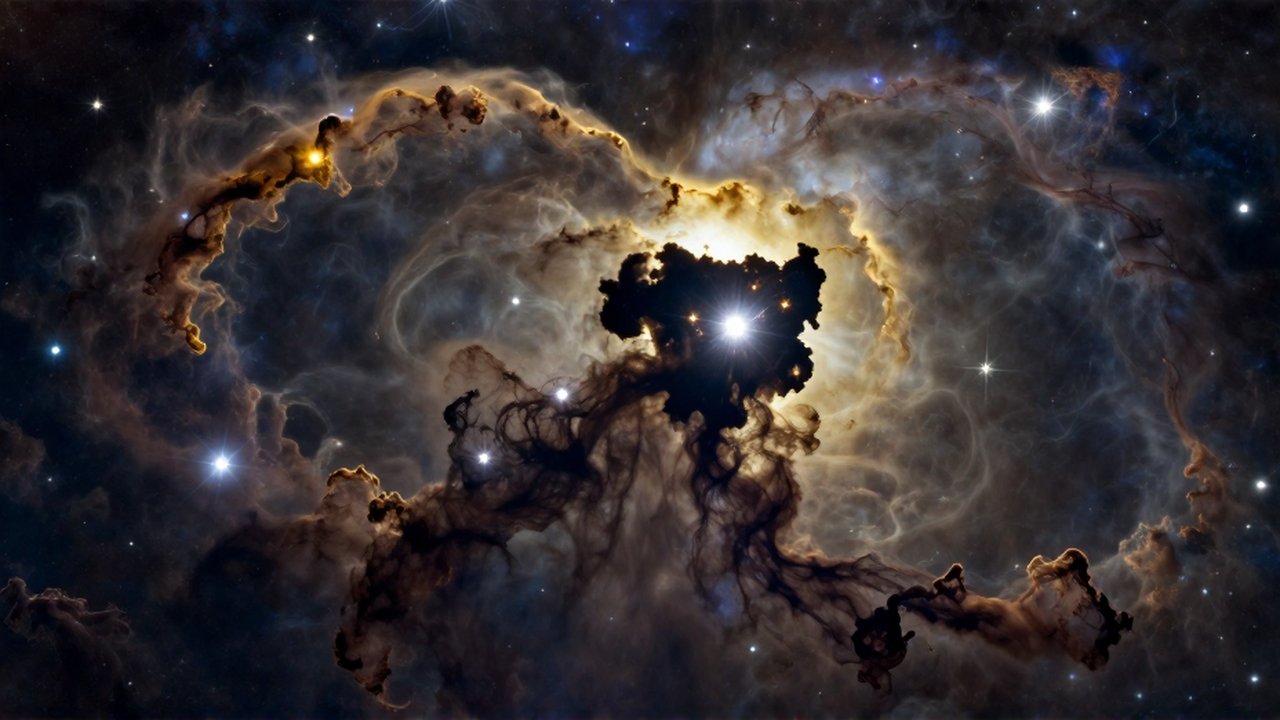 Nébula oscura de polvo denso que siluetea cúmulos de estrellas brillantes entre gas cósmico azul y dorado.