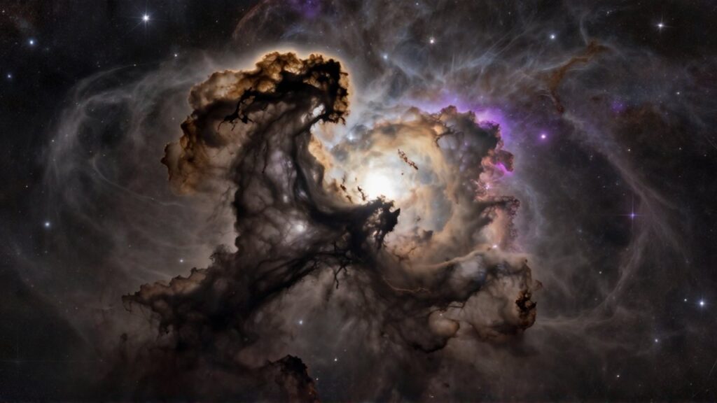 Silueta de una densa nebulosa oscura que bloquea el resplandor de un cúmulo de estrellas vibrantes.