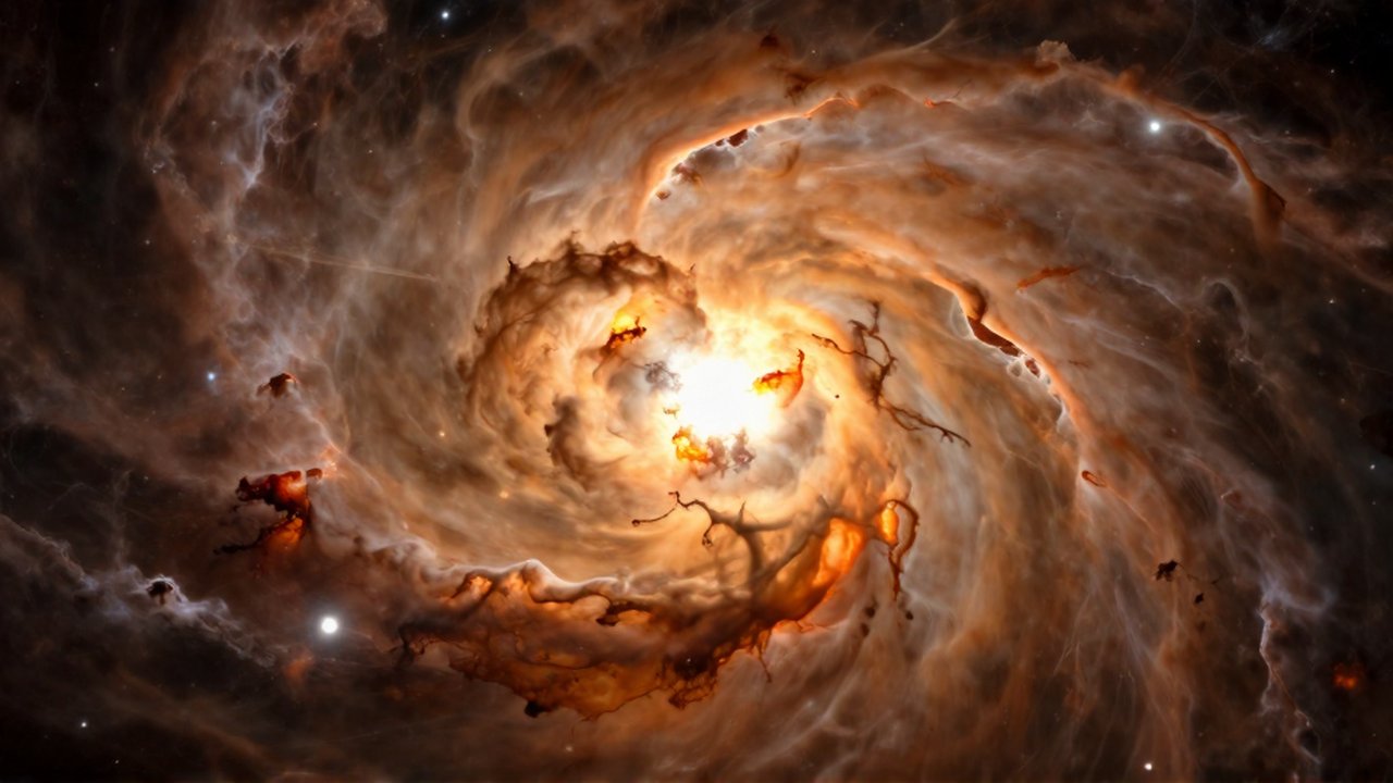 Protostar masiva y brillante rodeada de un disco de gas y polvo giratorio en una nube molecular.