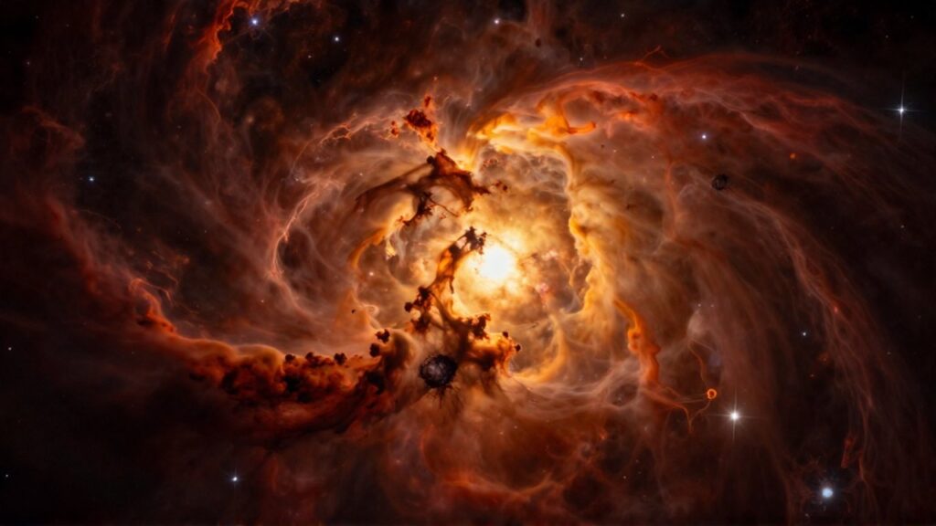 Una protocúle brillante emite un resplandor anaranjado desde el centro de una densa y turbulenta nube de polvo cósmico.