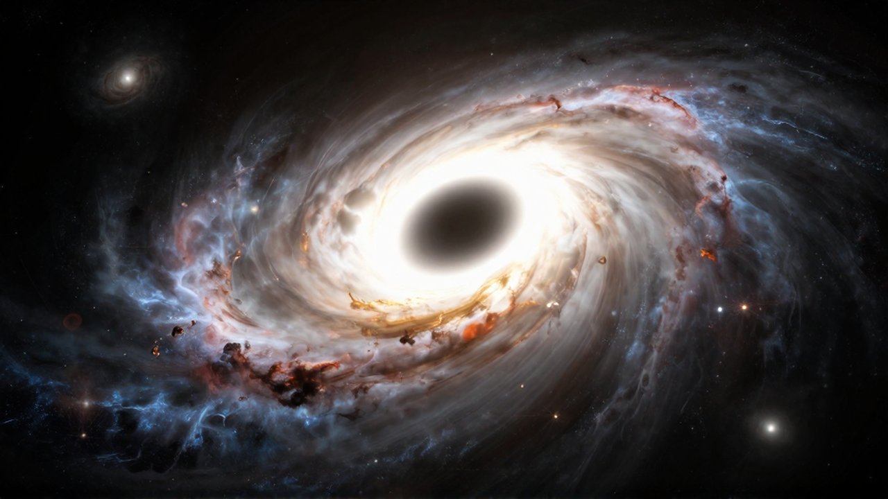Un agujero negro masivo absorbe gas y polvo en un brillante disco de acreción espiral.