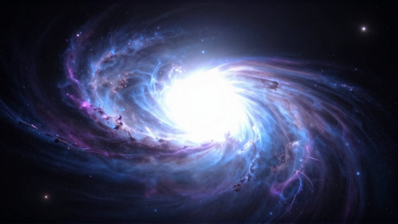 Un agujero negro supermasivo con un brillante disco de gas azul y blanco girando en el vacío espacial.