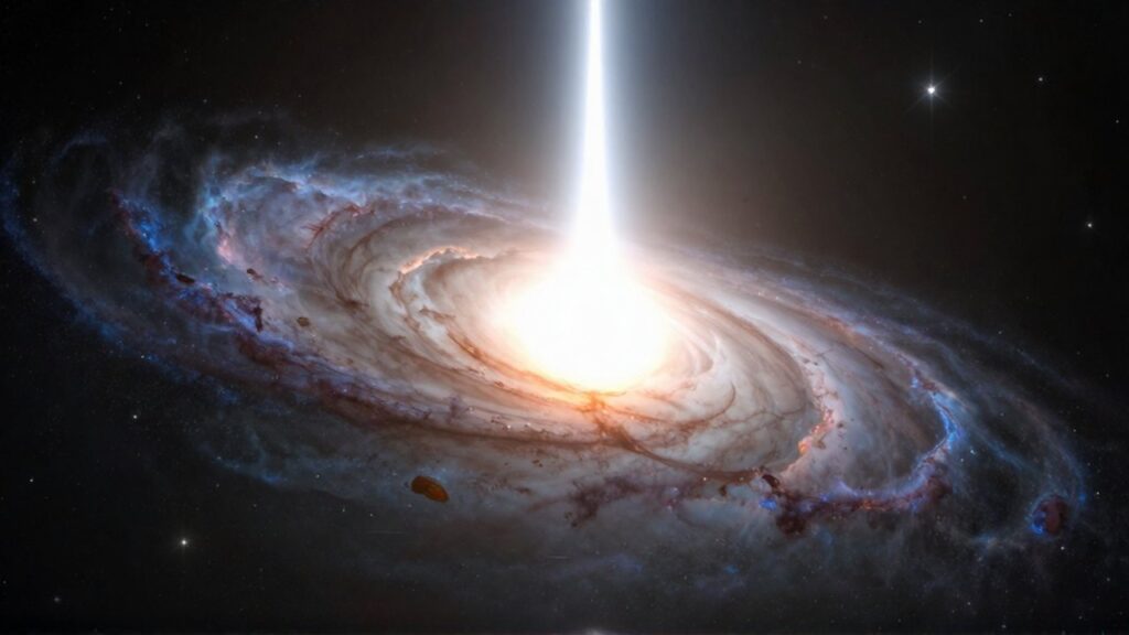Un agujero negro supermasivo en el centro de una galaxia emite un intenso chorro de luz y radiación.
