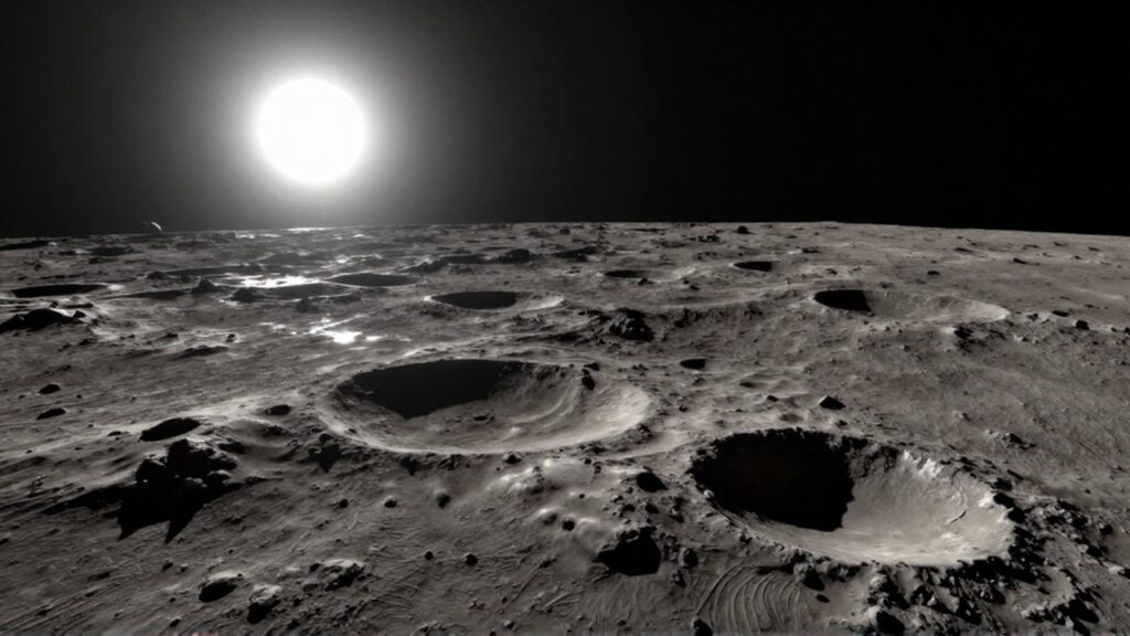Superficie craterizada de Mercurio con sombras pronunciadas bajo la intensa luz del sol en el espacio.