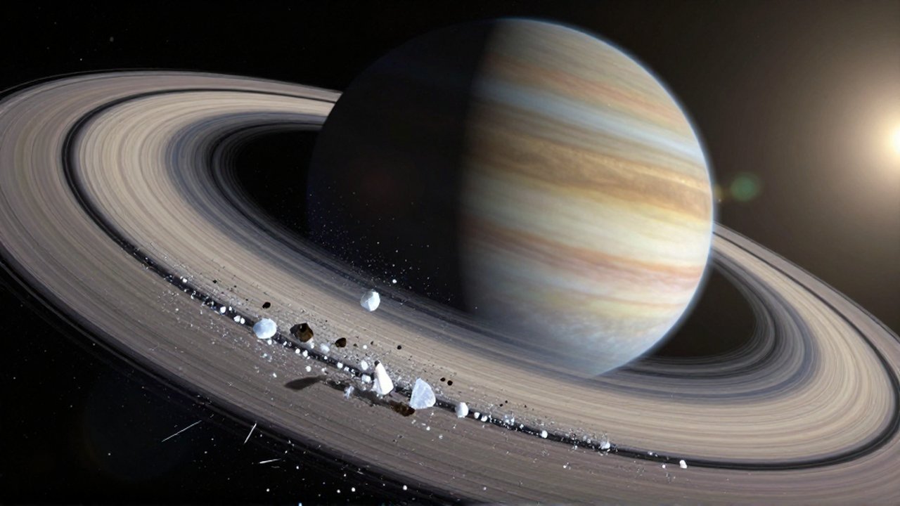 Vista cinematográfica de Saturno con sus anillos compuestos por partículas de hielo y rocas en movimiento.