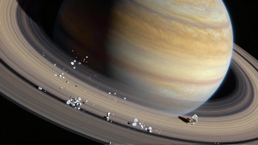 Primer plano detallado de los anillos de hielo de Saturno frente a la curvatura del planeta.