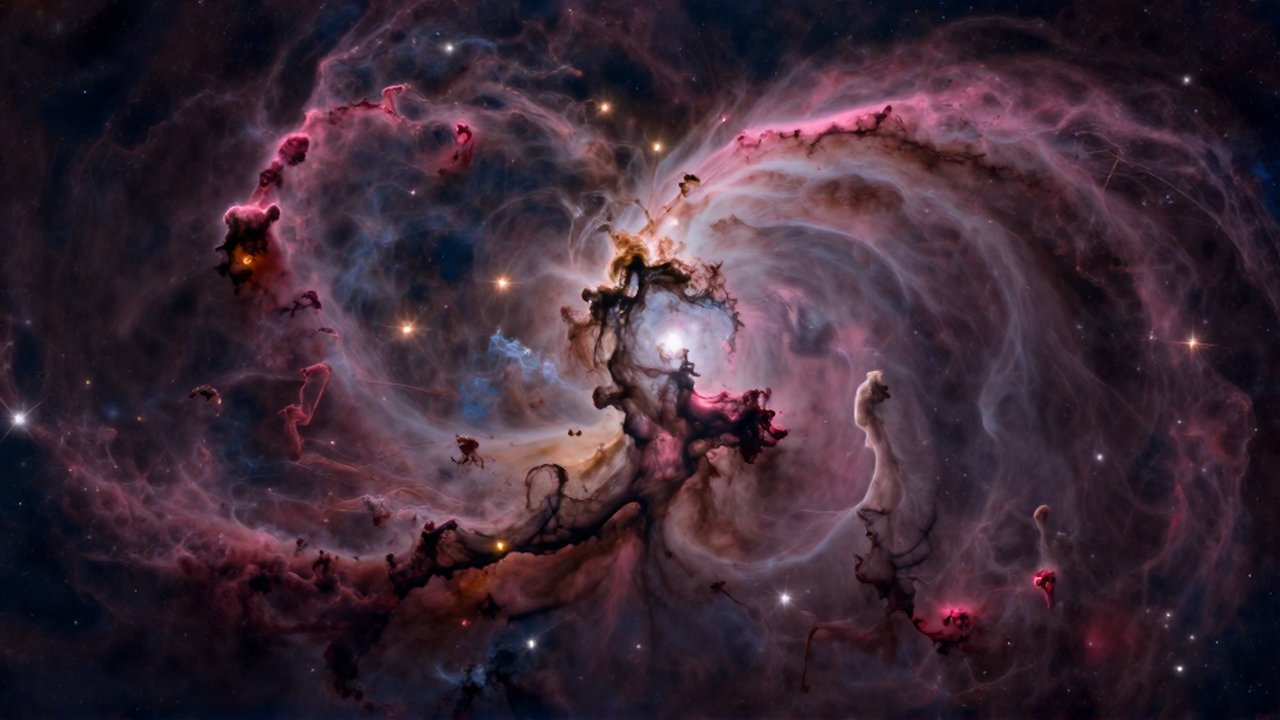 Nebulosa interestelar con densas nubes de gas oscuro y filamentos brillantes en tonos magenta y añil.