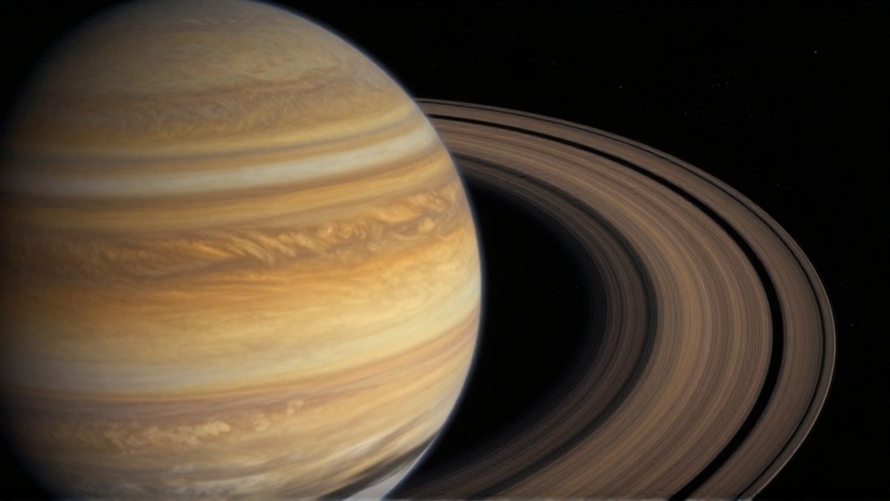 Primer plano de la atmósfera turbulenta de Saturno con sus anillos de hielo sobre el espacio profundo.
