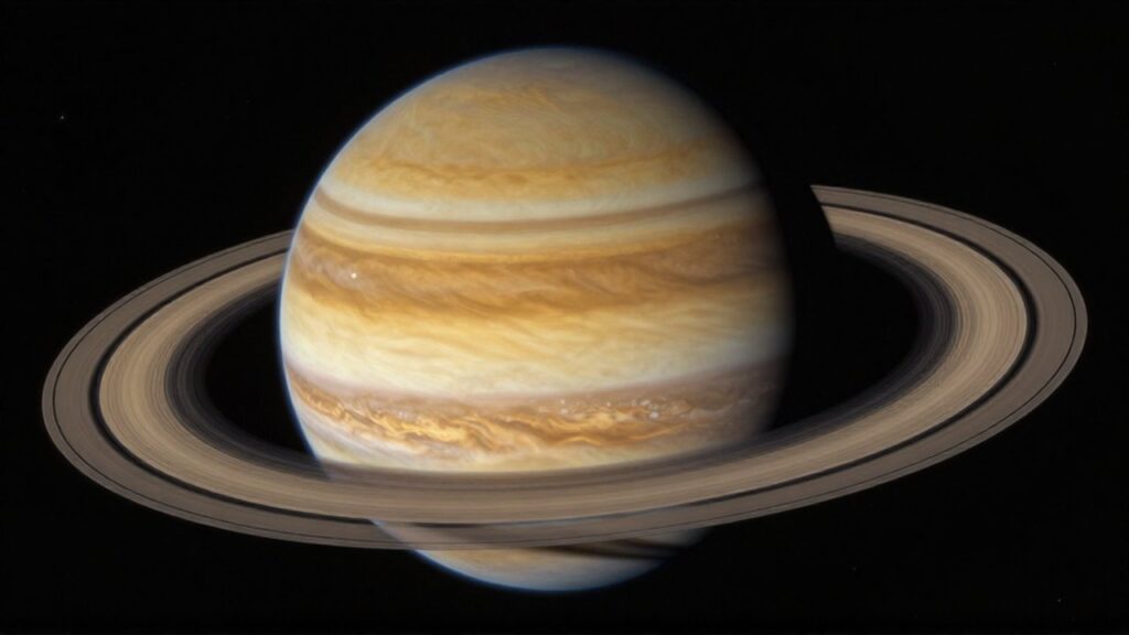 Saturno destaca con sus anillos translúcidos y atmósfera turbulenta de tonos dorados sobre el fondo negro del espacio.