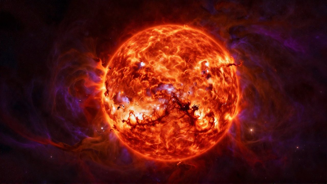 Una gigantesca estrella roja supergigante con una superficie turbulenta rodeada de nubes de gas cósmico.