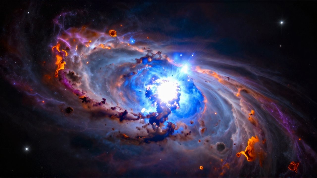 Explosión de una supergigante azul en supernova con ondas de plasma y gas en el espacio profundo.