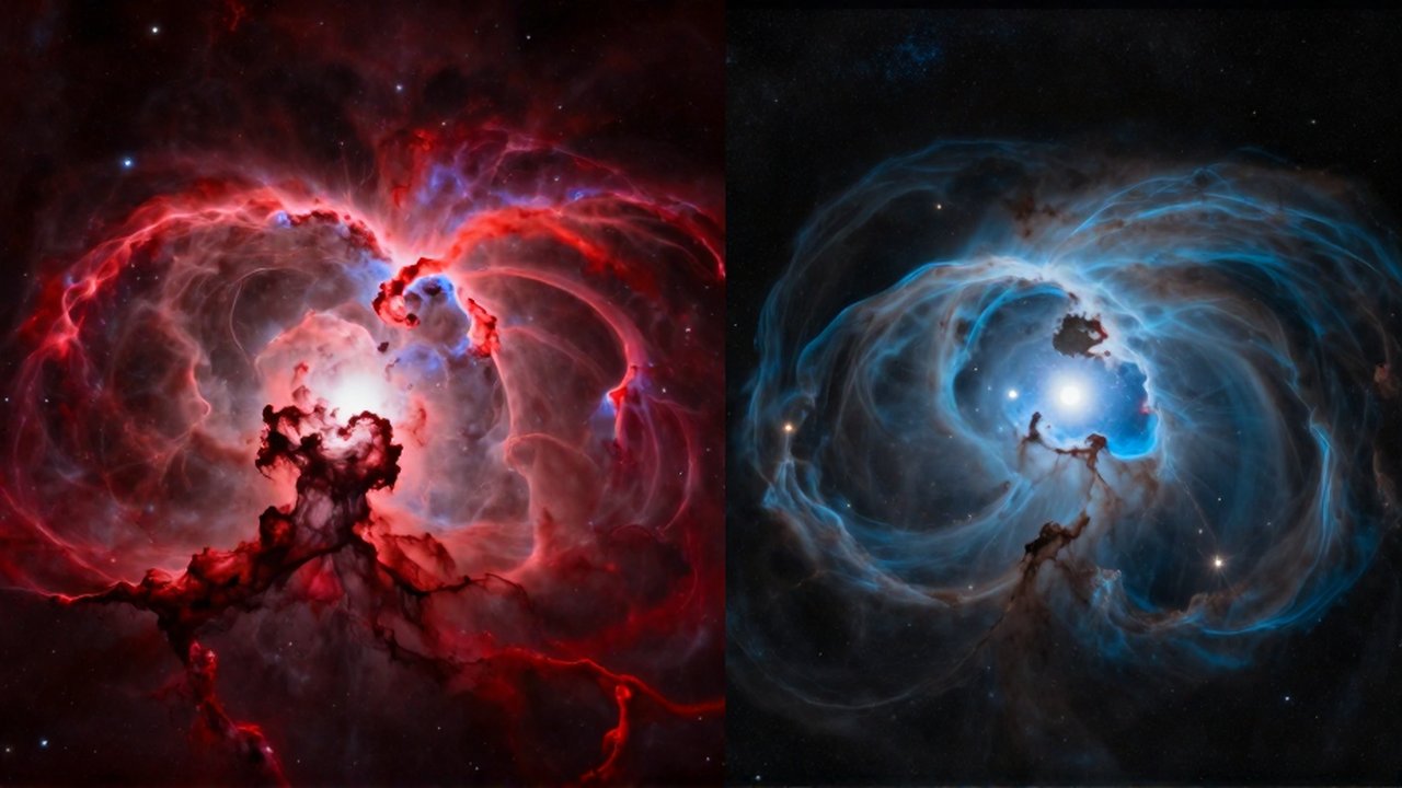 Comparación entre una nebulosa de emisión en tonos rojizos y una de reflexión en azul celeste.