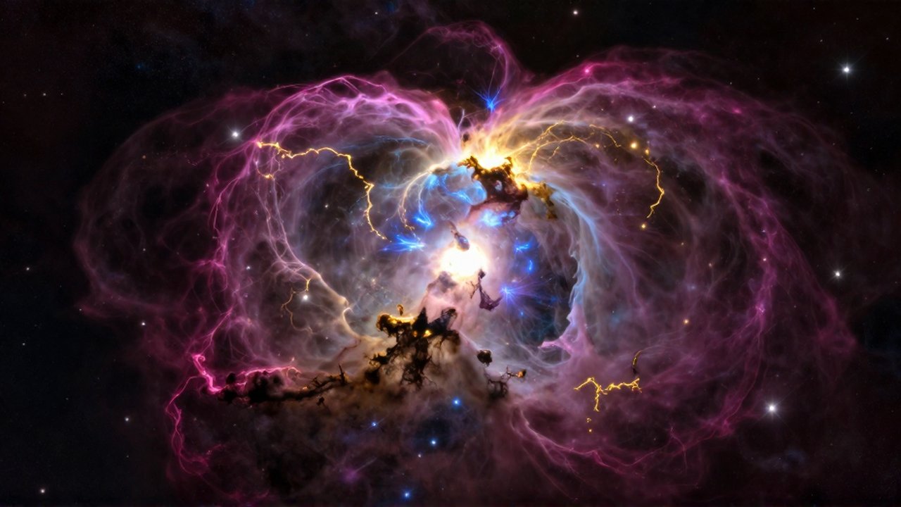 Colosal nebulosa de emisión con filamentos de plasma pulsante en tonos magenta, azul y dorado sobre un fondo cósmico.