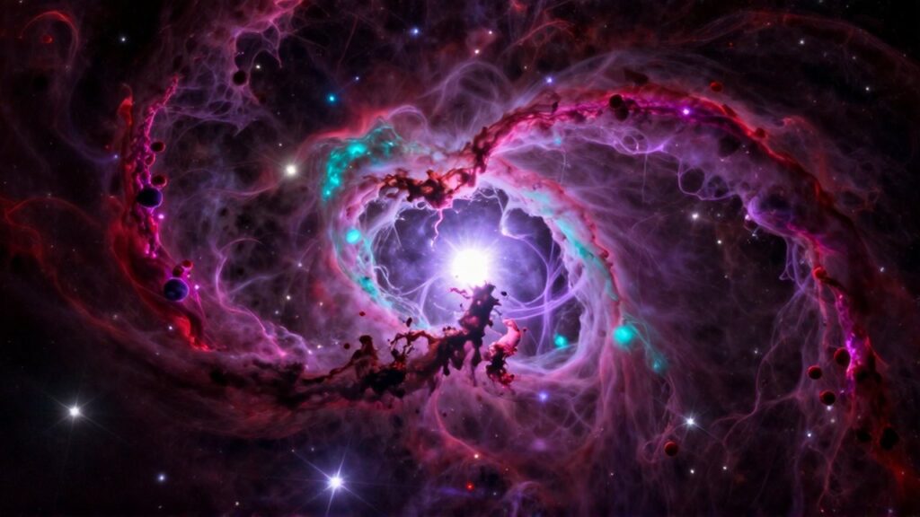 Una enorme nebulosa de gases magenta y cian rodea a una estrella brillante en el centro del espacio.