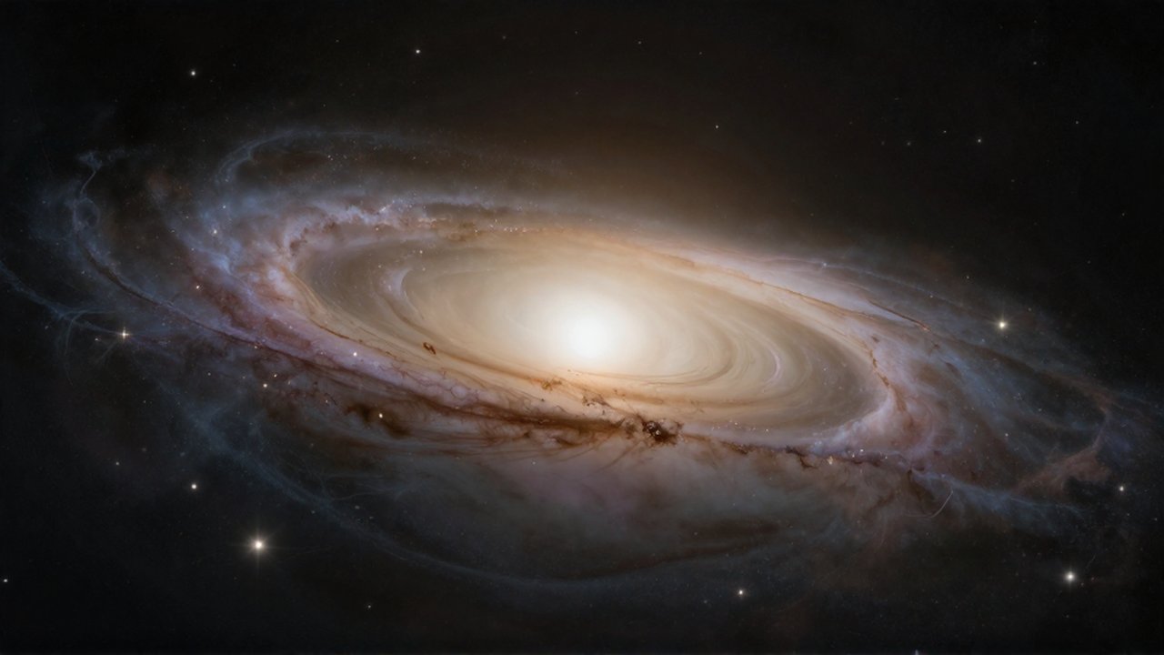 Gran galaxia lenticular con un núcleo brillante y un disco tenue rodeada de un vacío cósmico oscuro.