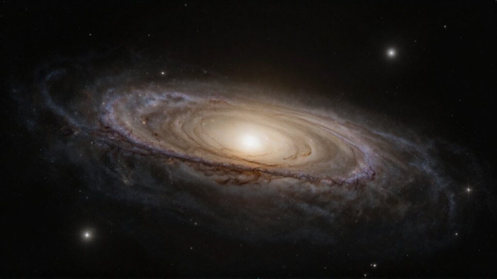 Gran galaxia lenticular de color dorado con un núcleo brillante rodeada por el vacío del espacio profundo.