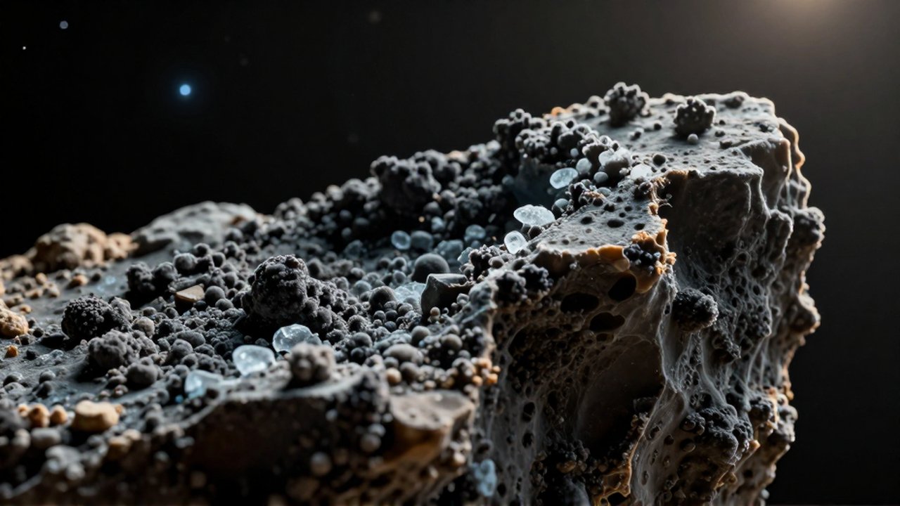 Primer plano de un corte transversal del núcleo de un cometa con capas de hielo y materia orgánica oscura sobre un fondo espacial.