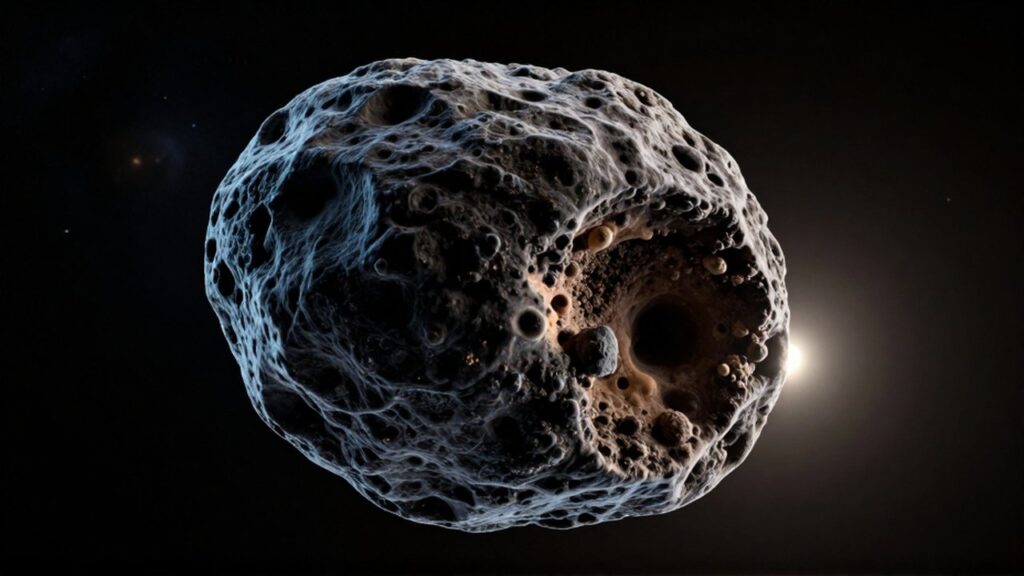 Sección transversal científica de un núcleo de cometa oscuro y rugoso con interior de hielo y polvo interestelar.