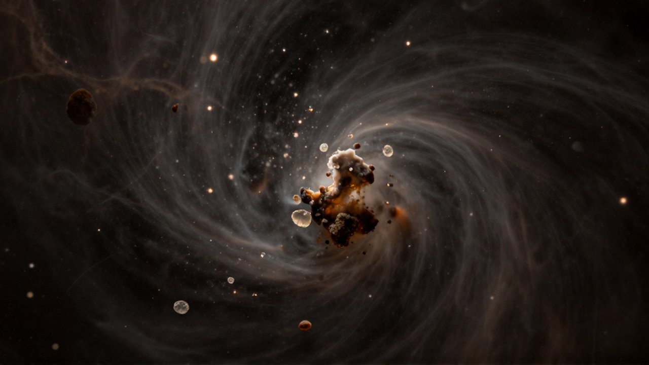 Granos microscópicos de polvo silicato y carbono brillan tenuemente entre la densa oscuridad de una nebulosa.
