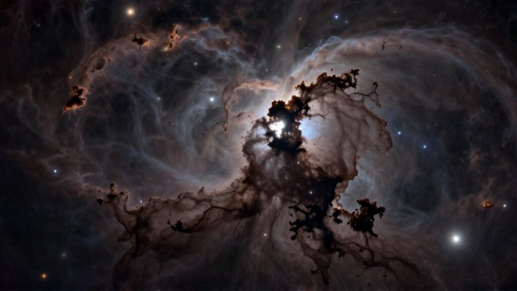Nube masiva de polvo cósmico y gas oscuro con filamentos densos que oculta estrellas distantes.