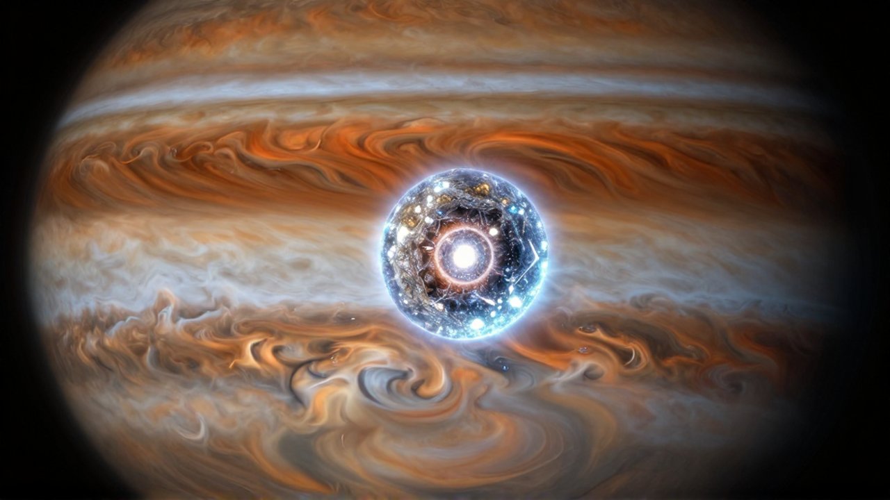 Corte transversal de un núcleo denso de hidrógeno metálico brillante rodeado por nubes gaseosas turbulentas.