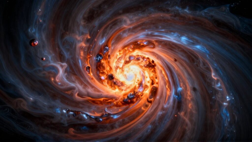 Núcleo de hidrógeno metálico incandescente fluyendo entre corrientes gaseosas turbulentas en el interior de Júpiter.