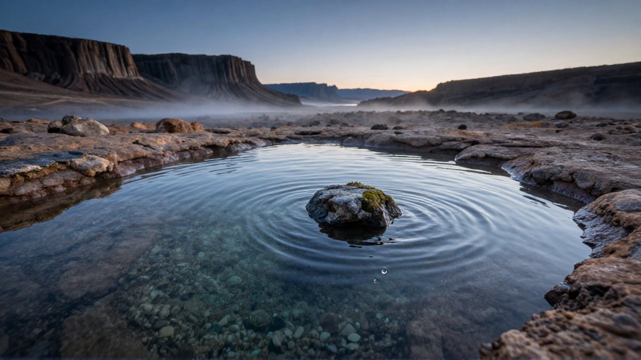 Agua cristalina con ondas suaves y una piedra con musgo sobre un paisaje planetario rocoso.