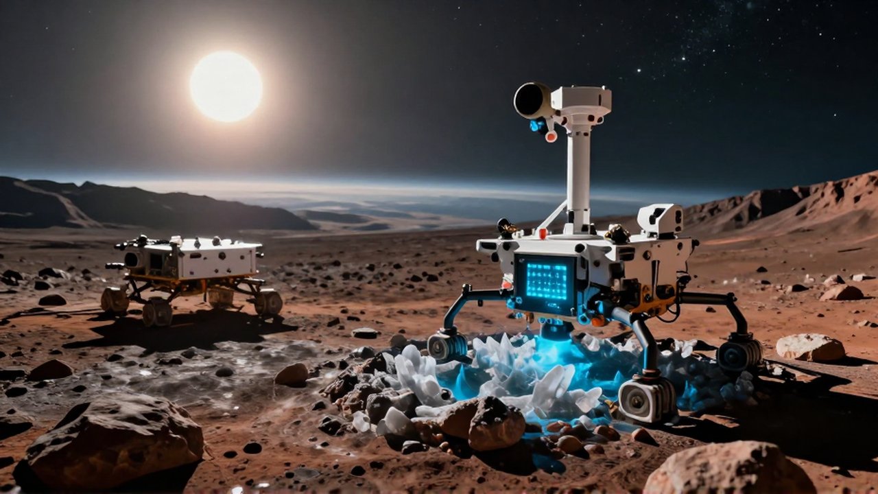 Un sensor tecnológico escanea rocas cristalinas en un exoplaneta bajo la luz de una estrella gigante.