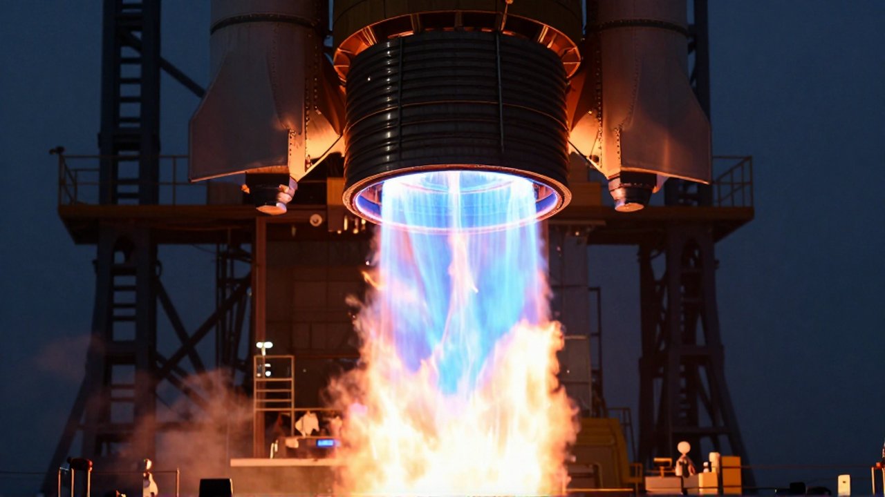 Primer plano de una tobera de motor de cohete encendida con llamas azul y naranja en una instalación aeroespacial.