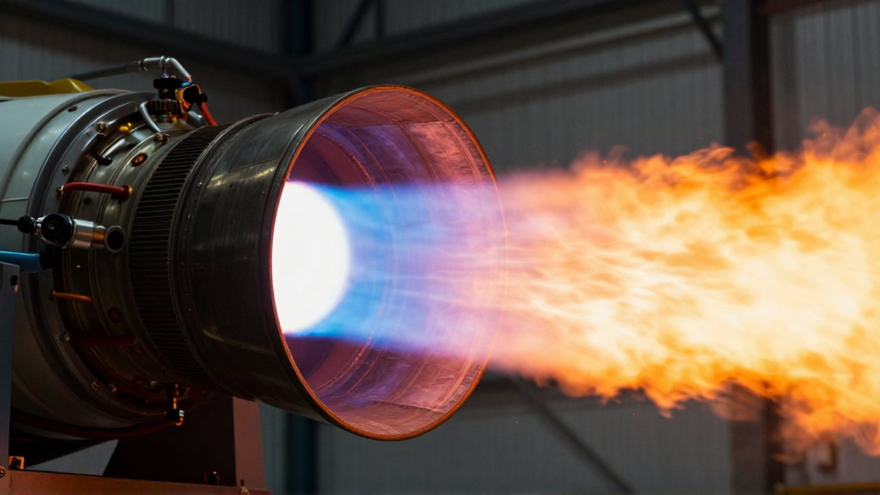 Primer plano de una llama de plasma azul y naranja expulsándose de la boquilla de un motor de cohete en pruebas.