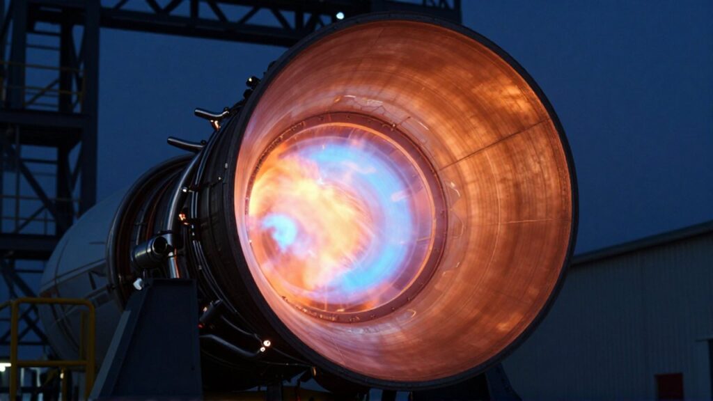 Primer plano de un motor de cohete emitiendo potentes llamas azules y naranjas durante una prueba.