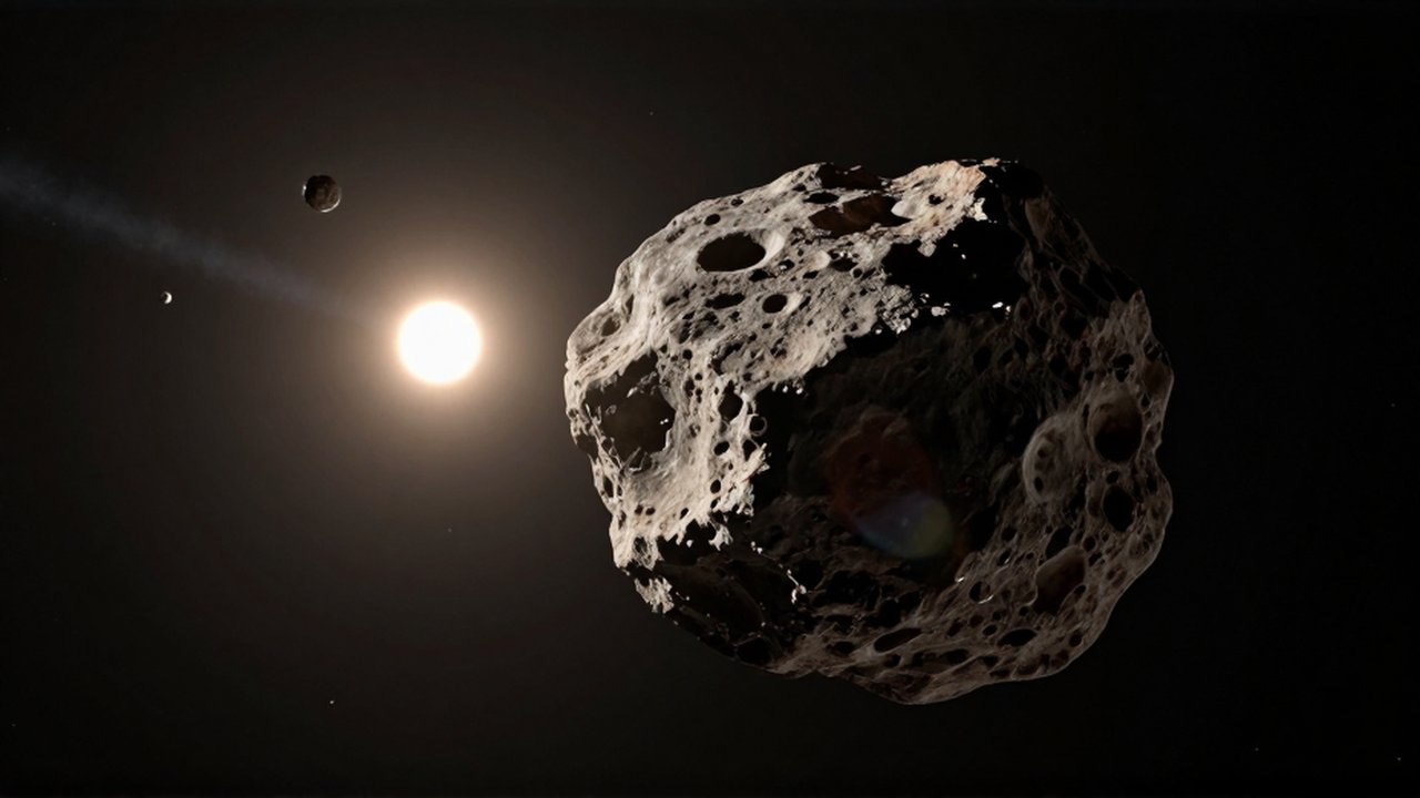 Asteroide rocoso y accidentado con cráteres profundos flotando en el vacío oscuro del espacio.