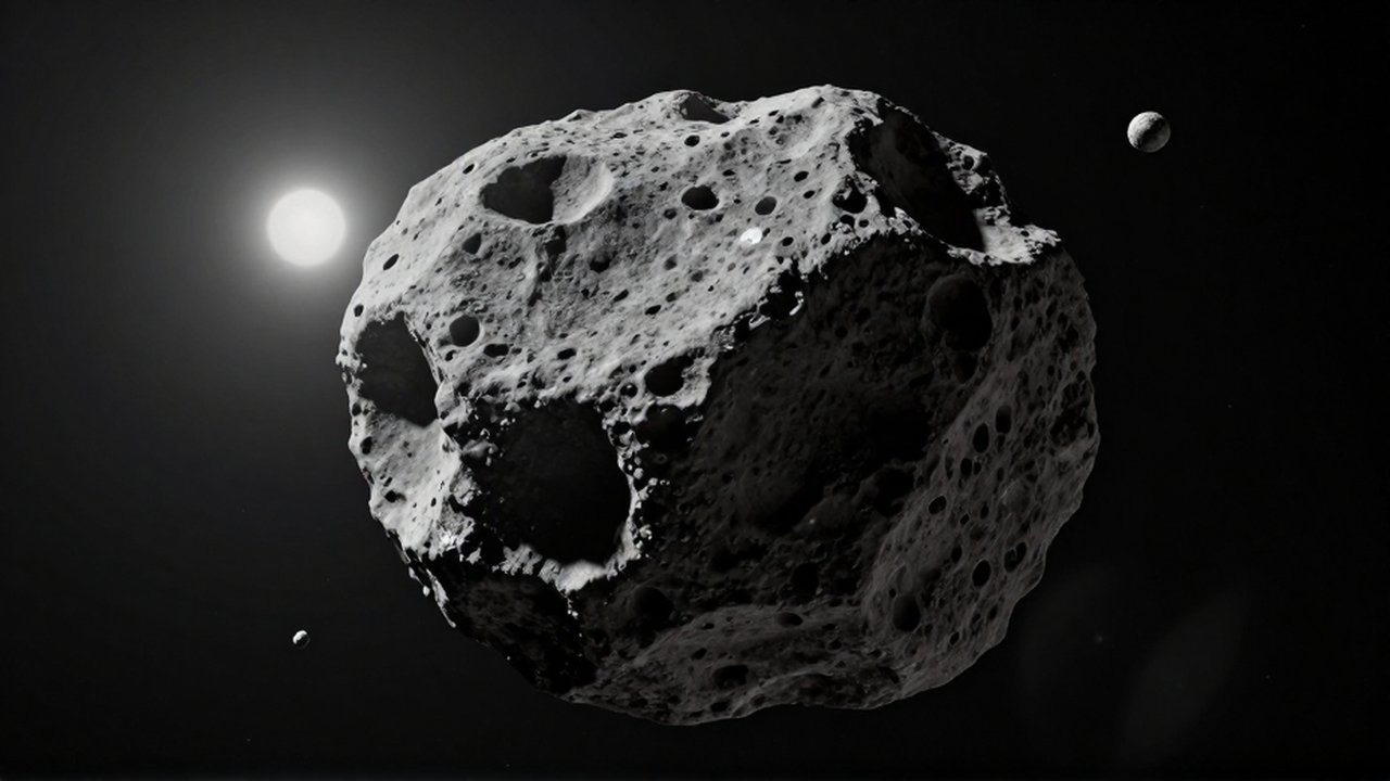 Primer plano de un asteroide rocoso y accidentado con cráteres y relieves sobre un fondo estelar.