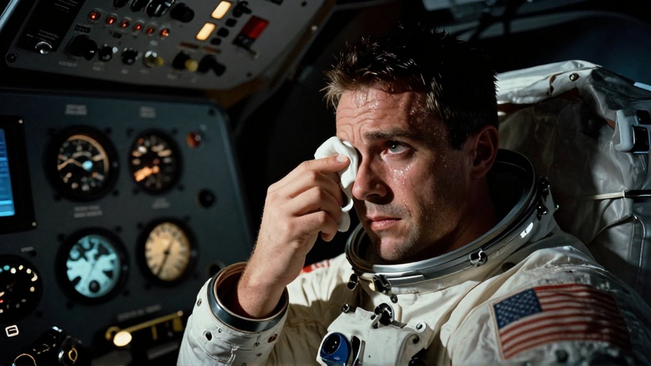 Astronauta con expresión de agotamiento y concentración limpia el sudor de su frente dentro de una cabina espacial técnica.