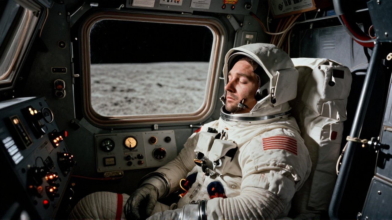 Astronauta agotado con el rostro apoyado contra la pared metálica de una pequeña y oscura cabina lunar.