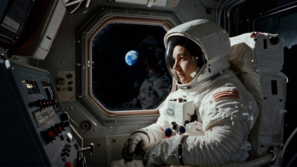 Astronauta con traje antiguo apoyando la frente en la ventana de una cápsula espacial hacia la Tierra.