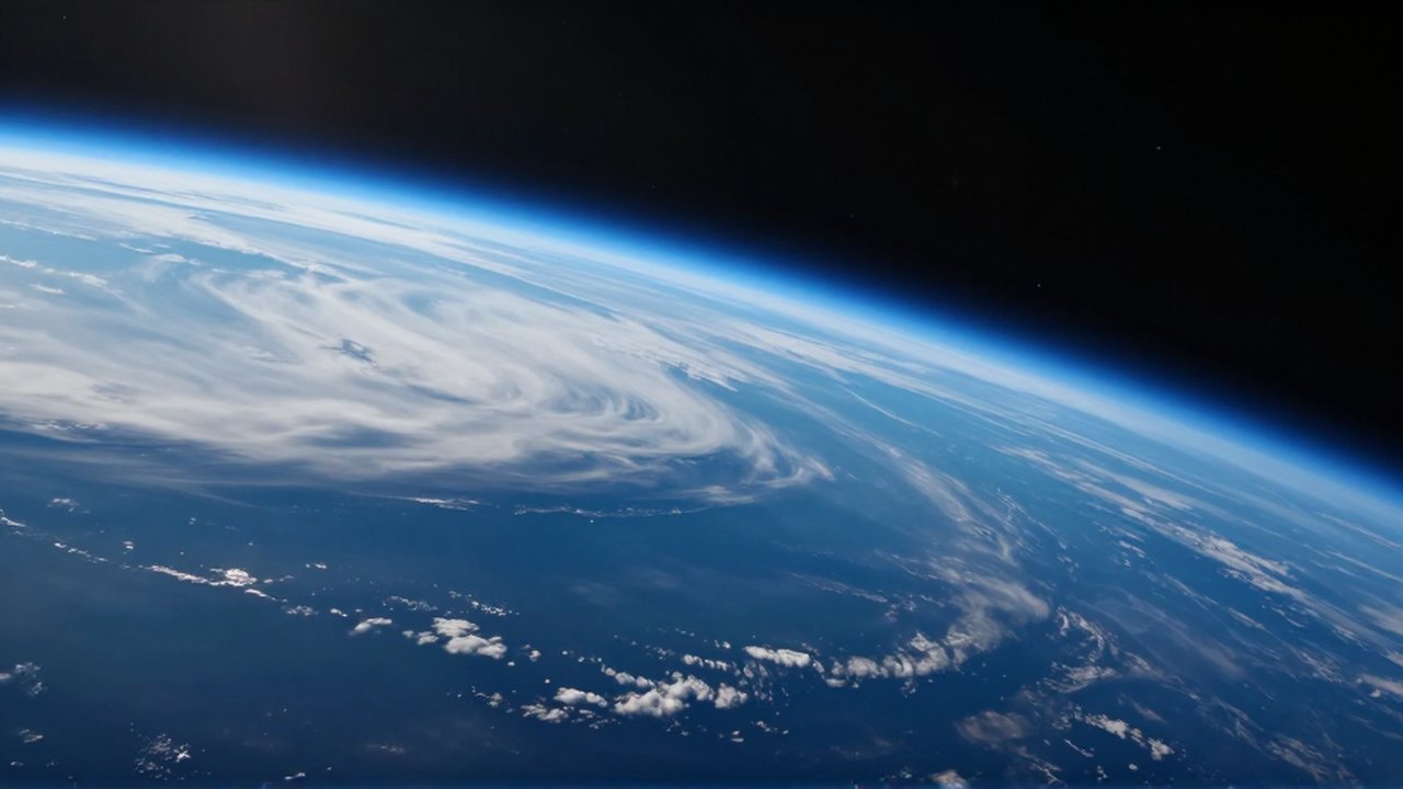 Vista desde la órbita de la curvatura terrestre con su atmósfera azul brillante sobre océanos y nubes.
