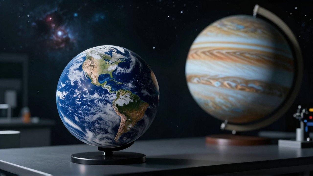 Maqueta detallada de la Tierra junto a un gas gigante sobre una mesa de laboratorio frente al cosmos.
