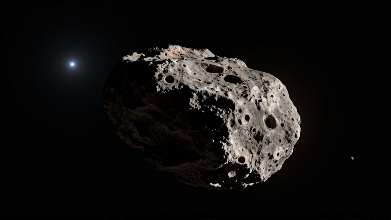 Gran asteroide rocoso y accidentado que flota en la inmensidad oscura del espacio profundo.