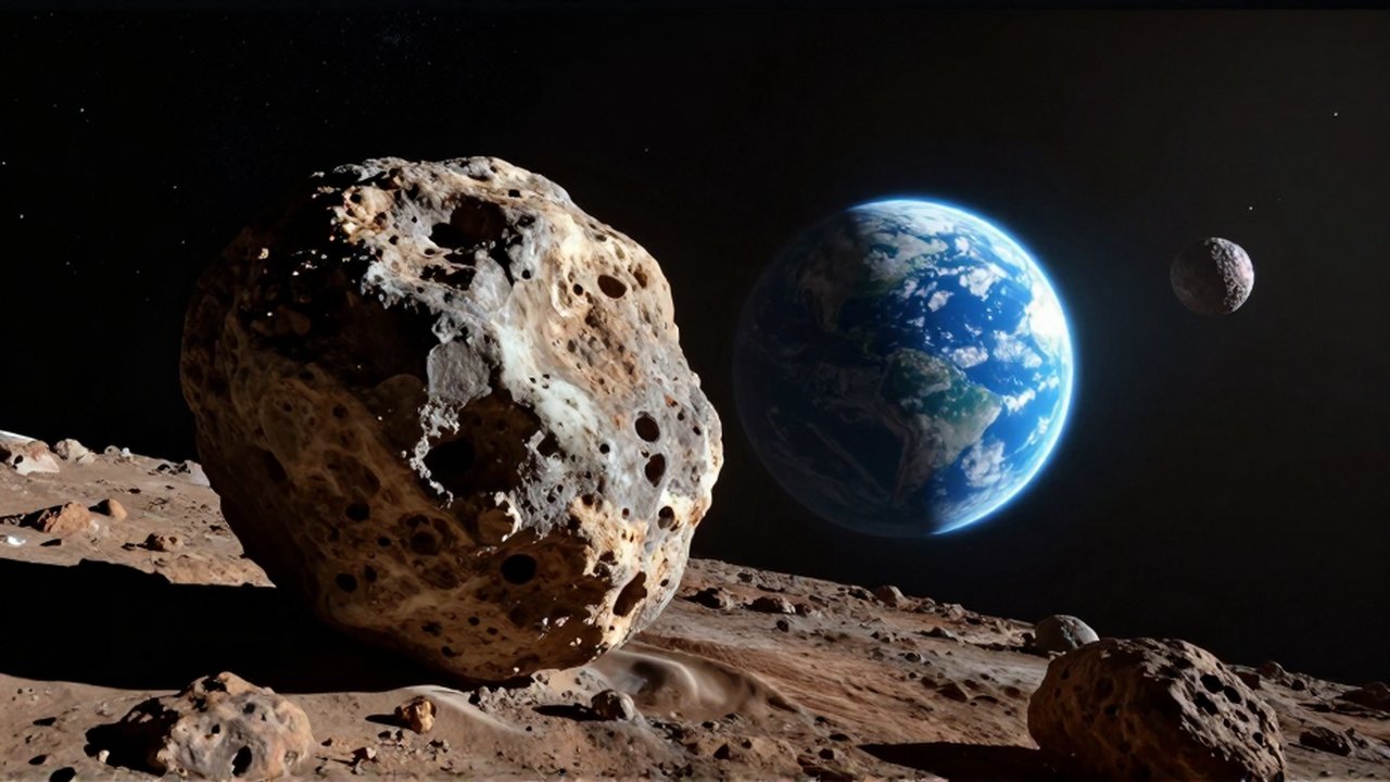 Un asteroide rocoso se aproxima a la Tierra mientras otro pequeño se pierde en el cinturón de asteroides.