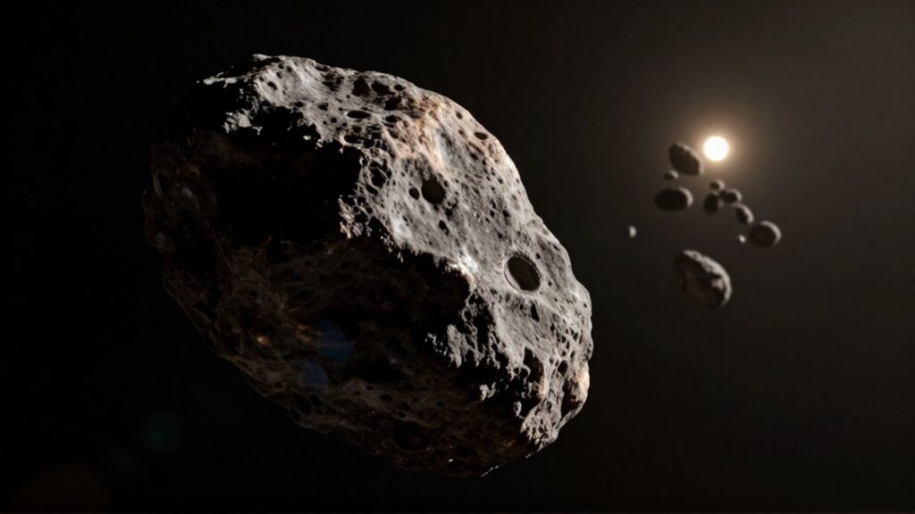 Gran asteroide rocoso y detallado en primer plano con un sol distante y otros asteroides al fondo.